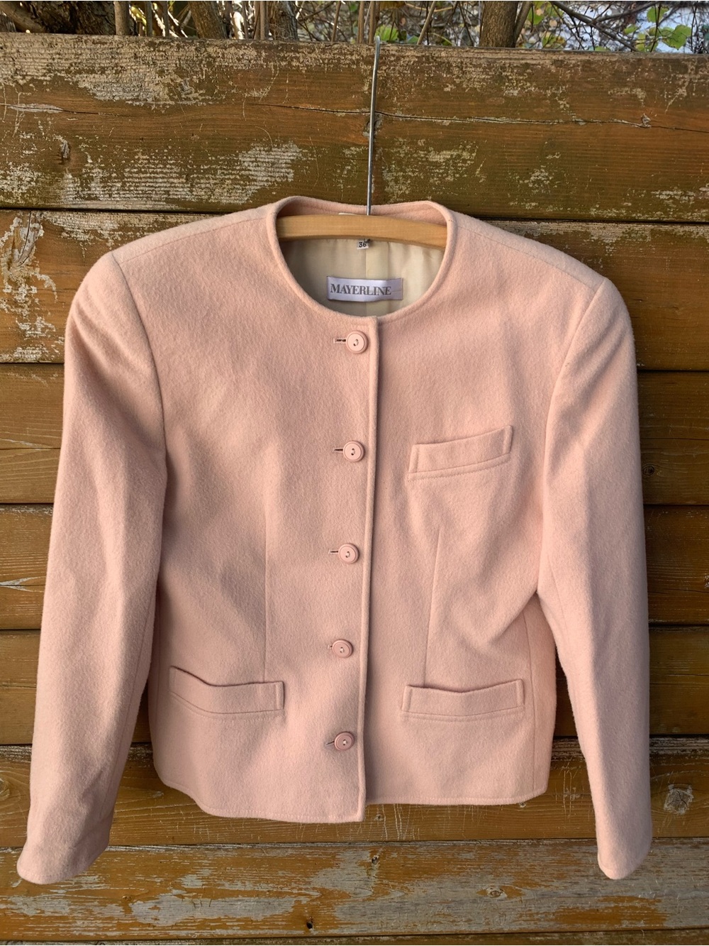 100%Pure New Wool- Vtg-Mayerline Brussels Pastel Pink Blazer Jacket Size 36 (4)